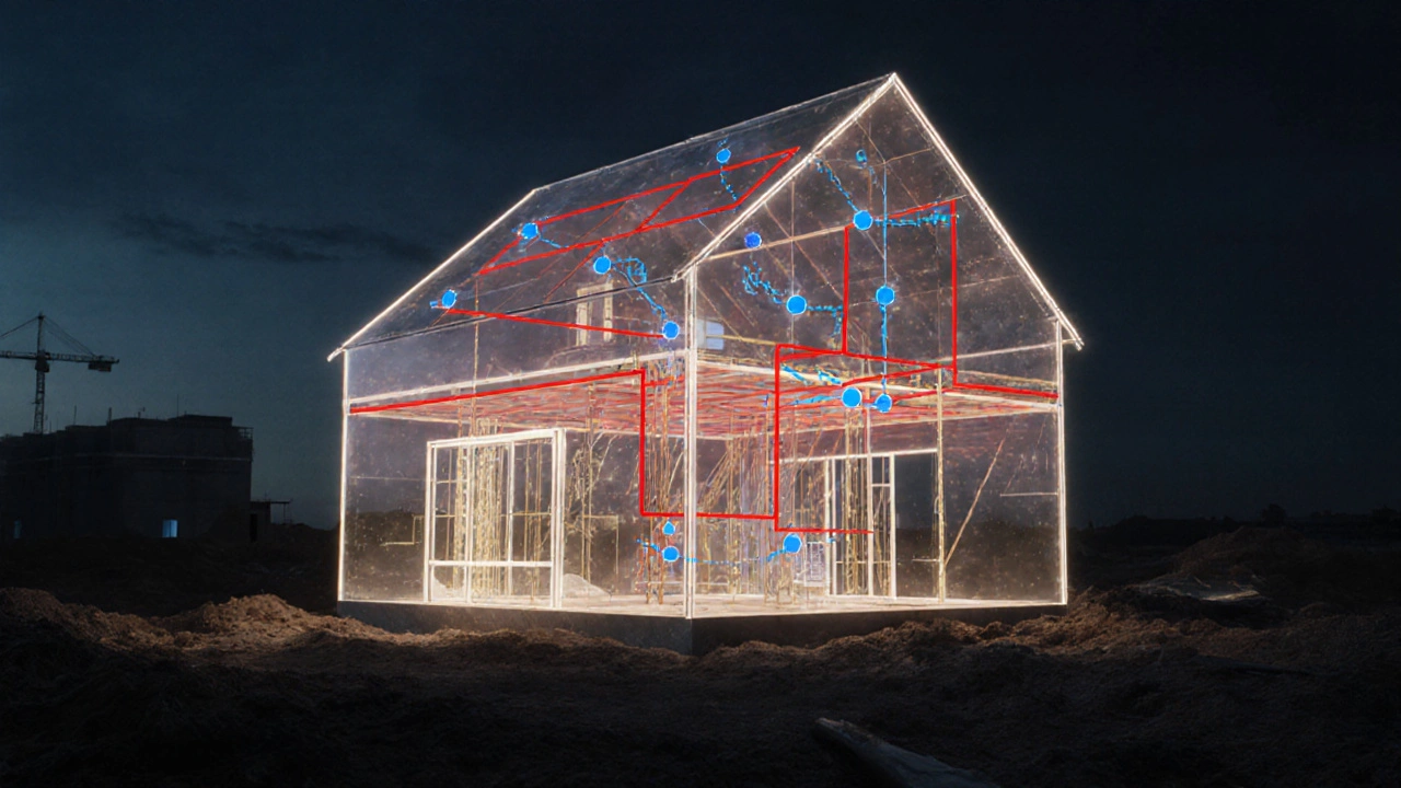 Průhledný dům s osvětlenými cestami architektského dozoru spojujícími návrh a stavbu.