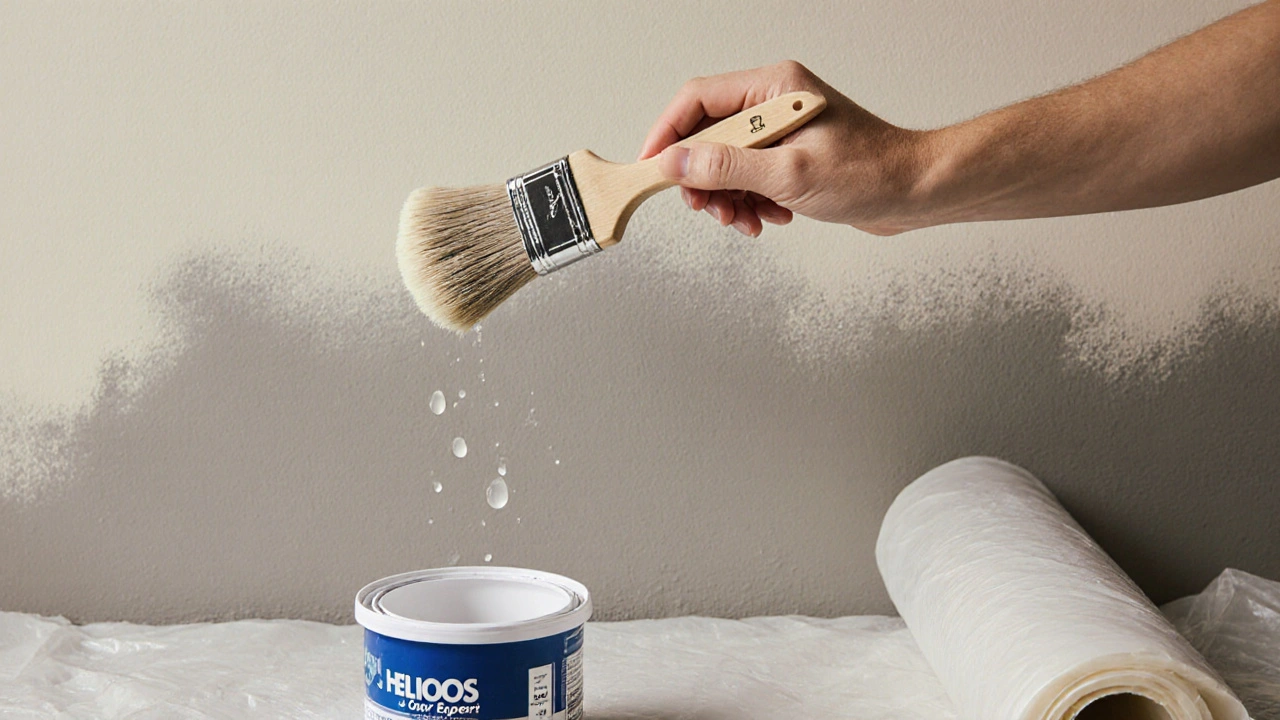 Ruka s malířskou štětkou vytváří přechod na stěně, vedle otevřený ombré kit.