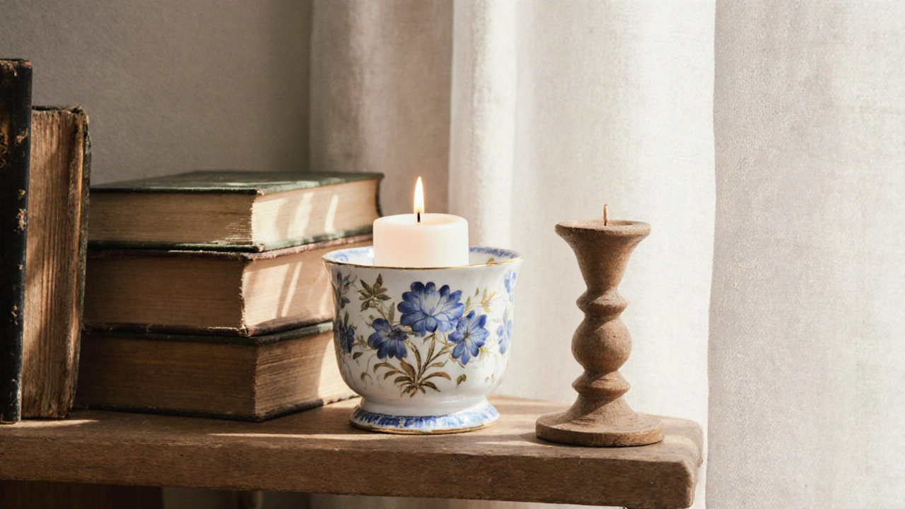 Rukou kreslený porcelánový svícen s květinovým motivem na dřevěné poličce.