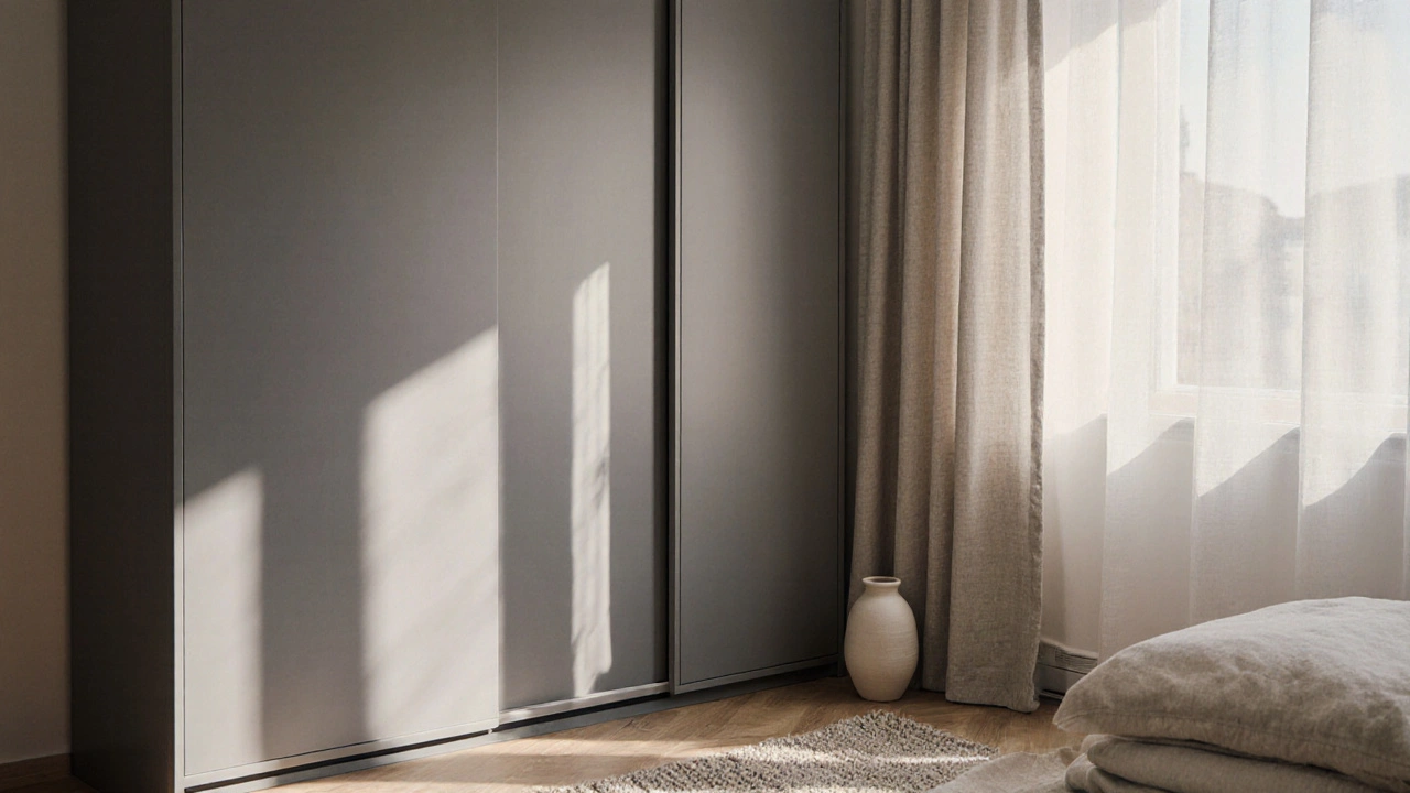 Šedá skříň s hladkými dveřmi a kobercem u postele, s jemným osvětlením a přírodními texturami v klidné ložnici.