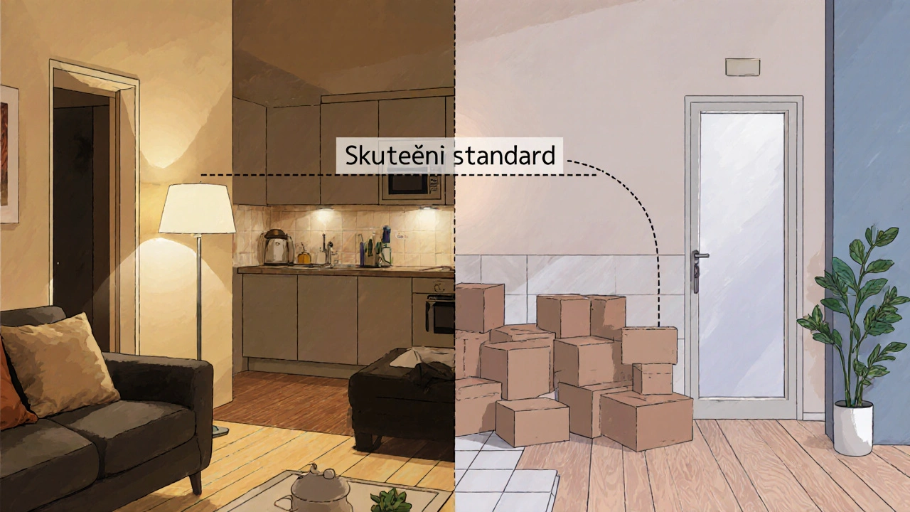 Srovnání představovaného a skutečného bytu: luxusní staging na jedné straně, běžný byt s základním vybavením na druhé.