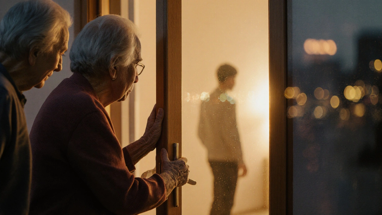 Starší manželé přidržují dveře domu, zářící průchod do nového bytu symbolizuje důvěru a pomoc.