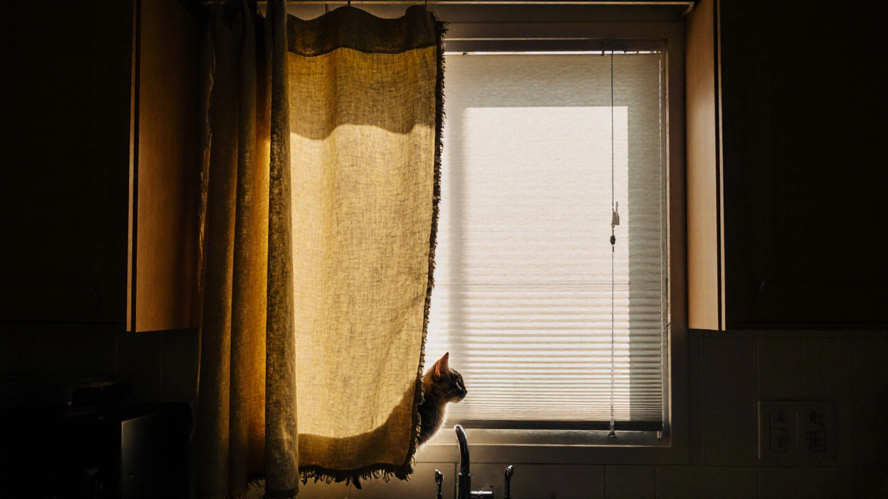 Starý bavlněný závěs žloutnoucí a poškozený, vedle něj nový japonský polyesterový závěs v perfektním stavu, kočka se dotýká starého.