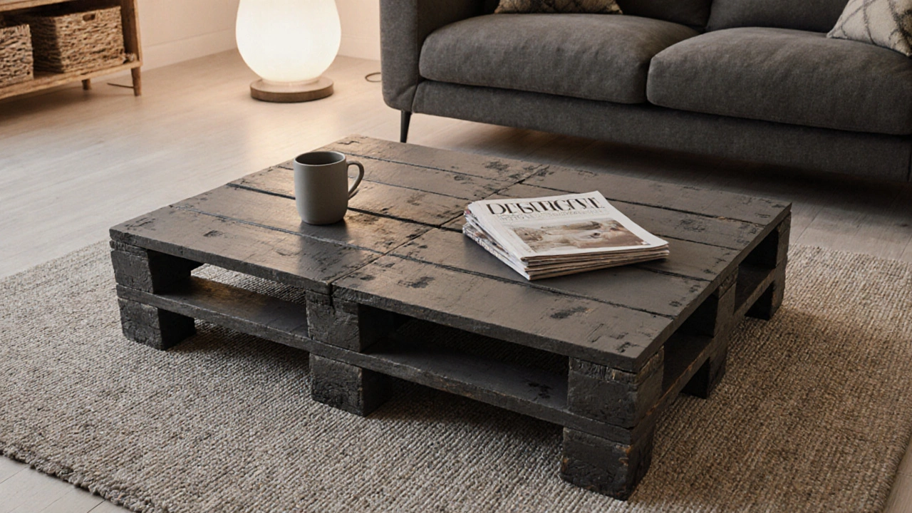 Stůl z recyklovaných palet s matnou šedou barvou na koberci v bytě.