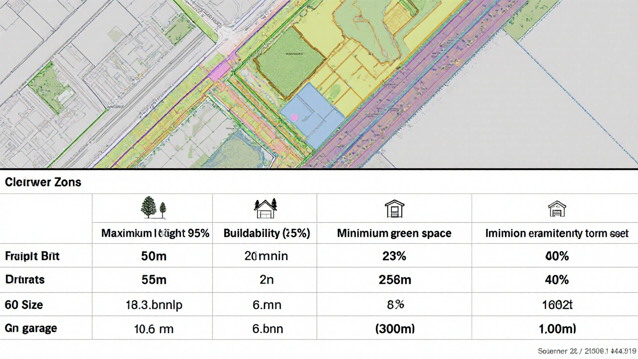 Technická ilustrace stavebního pozemku s vyznačenými parametry územního plánu.