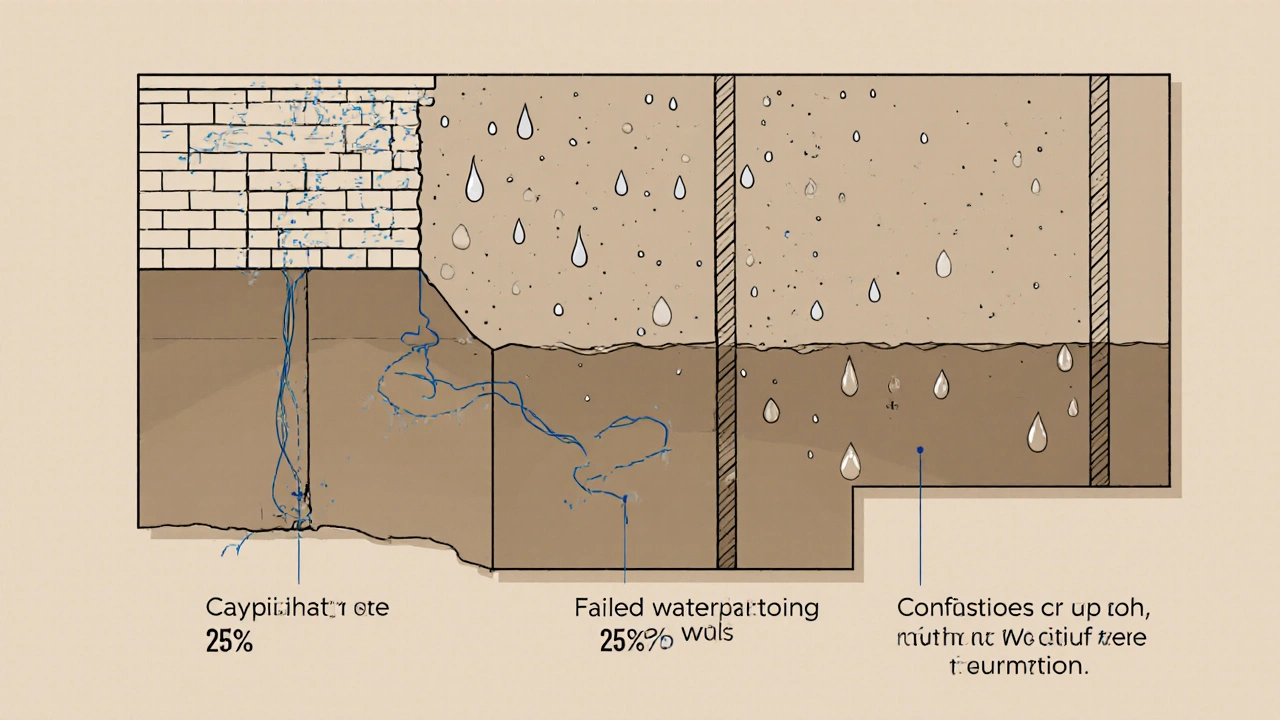 Technický nákres tří příčin vlhkosti ve sklepě: kapilární vzlínavá vlhkost, poškozená hydroizolace a kondenzace.