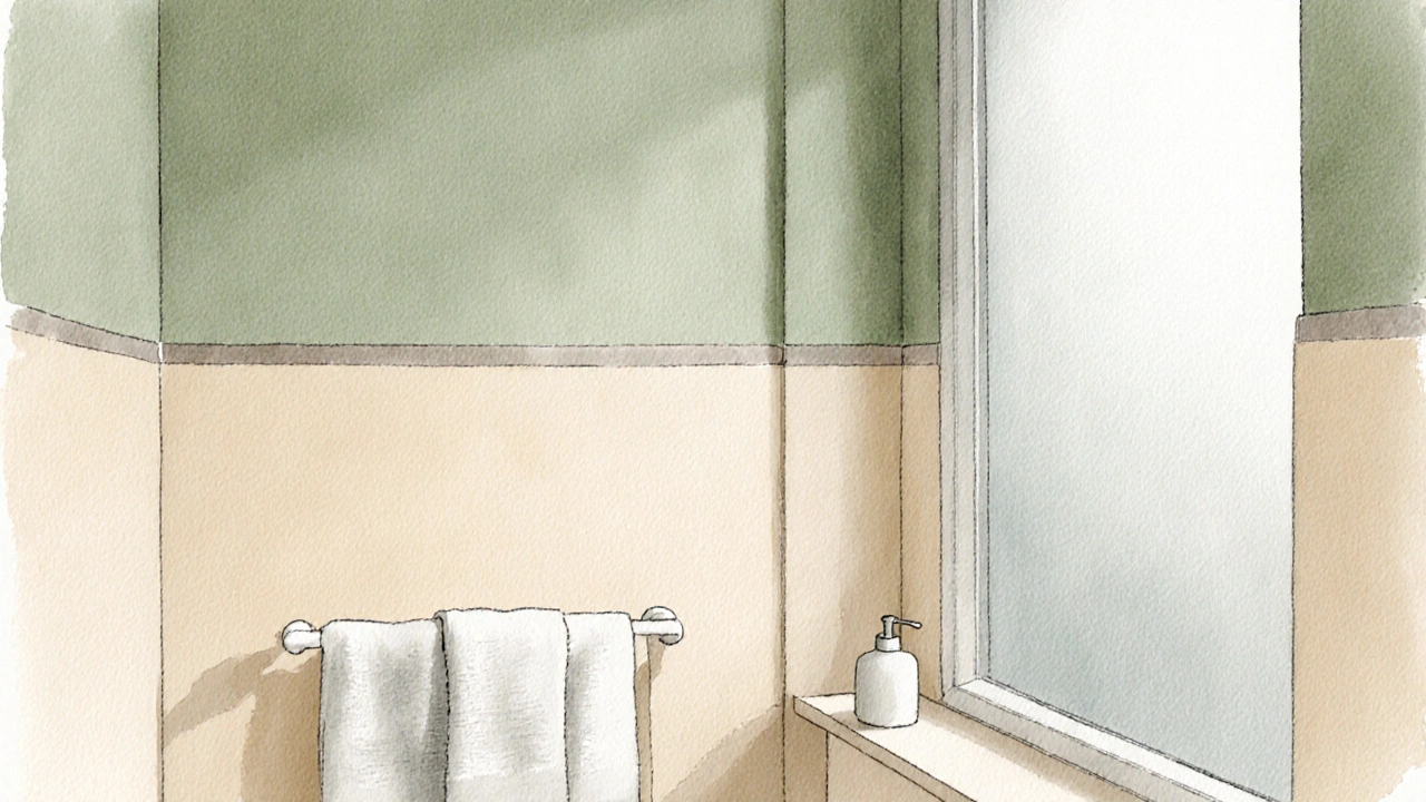 Tón v tónu na koupelnové stěně v teplých neutrálních odstínech šalvěje a krému.