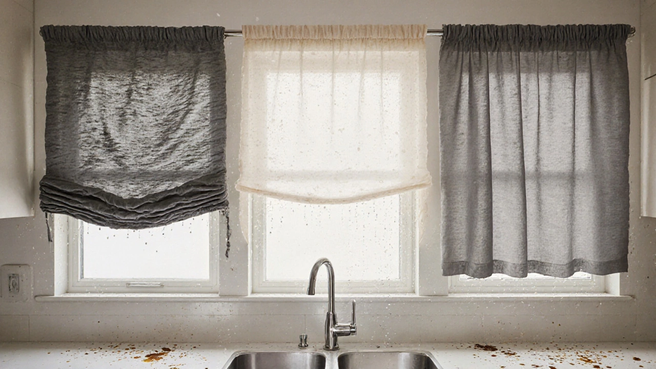 Tři typy kuchyňských závěsů: Crash, organza a PU-povlakovaný polyester, s viditelnými mastnými skvrnami na pultu.