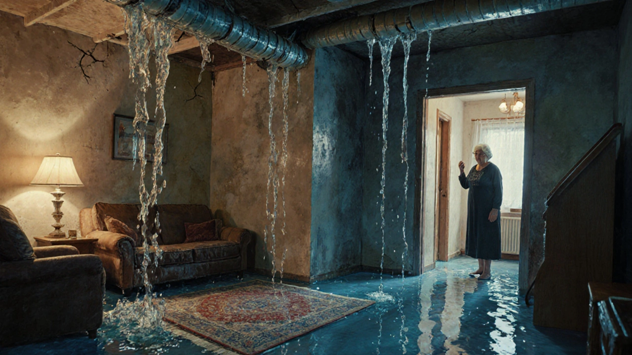 Voda vyteklá z prasklého potrubí zaplavuje byt pod ním.