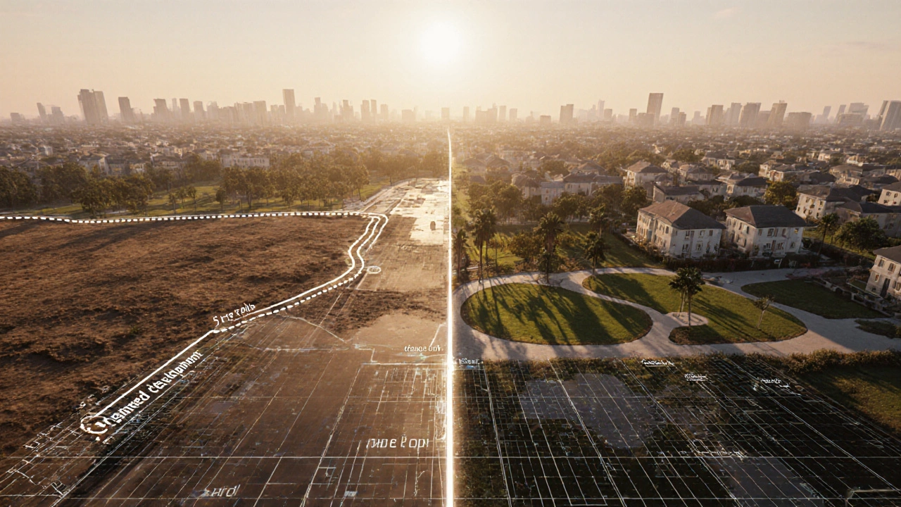 Vývoj pozemku od plánované zóny k rozvinuté lokalitě s školou a parkem.