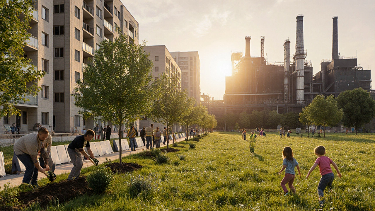 Zelený pás mezi bytovými domy a průmyslovou zónou s lidmi sázejícími stromy