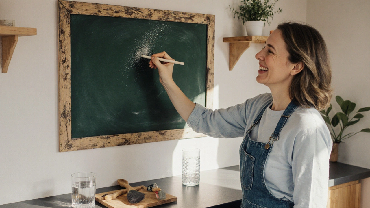 Žena píše na tabuli z MDF nad kuchyňským stolem s nářadím na pozadí.