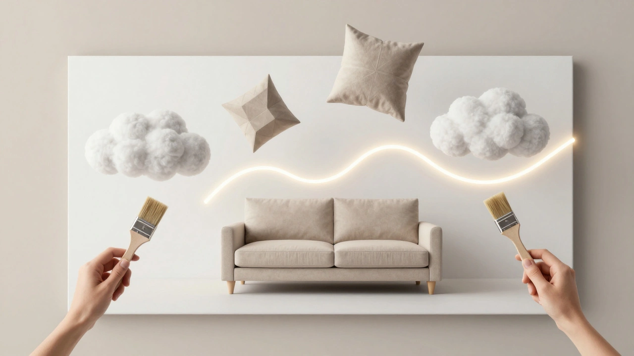 Abstraktní ilustrace pěti pilířů rozpočtového designu: bílá stěna, LED světlo, polštářky, přeměněný nábytek a ruce s kartáčem.
