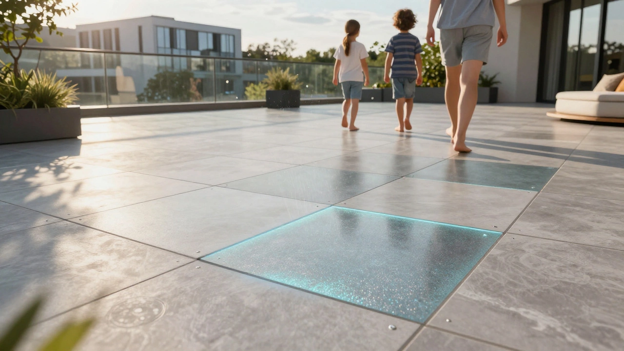 Budoucí terasa s keramickou dlažbou, která čistí vzduch pod sluncem, s lidmi chodícími po ní v letním odpoledne.