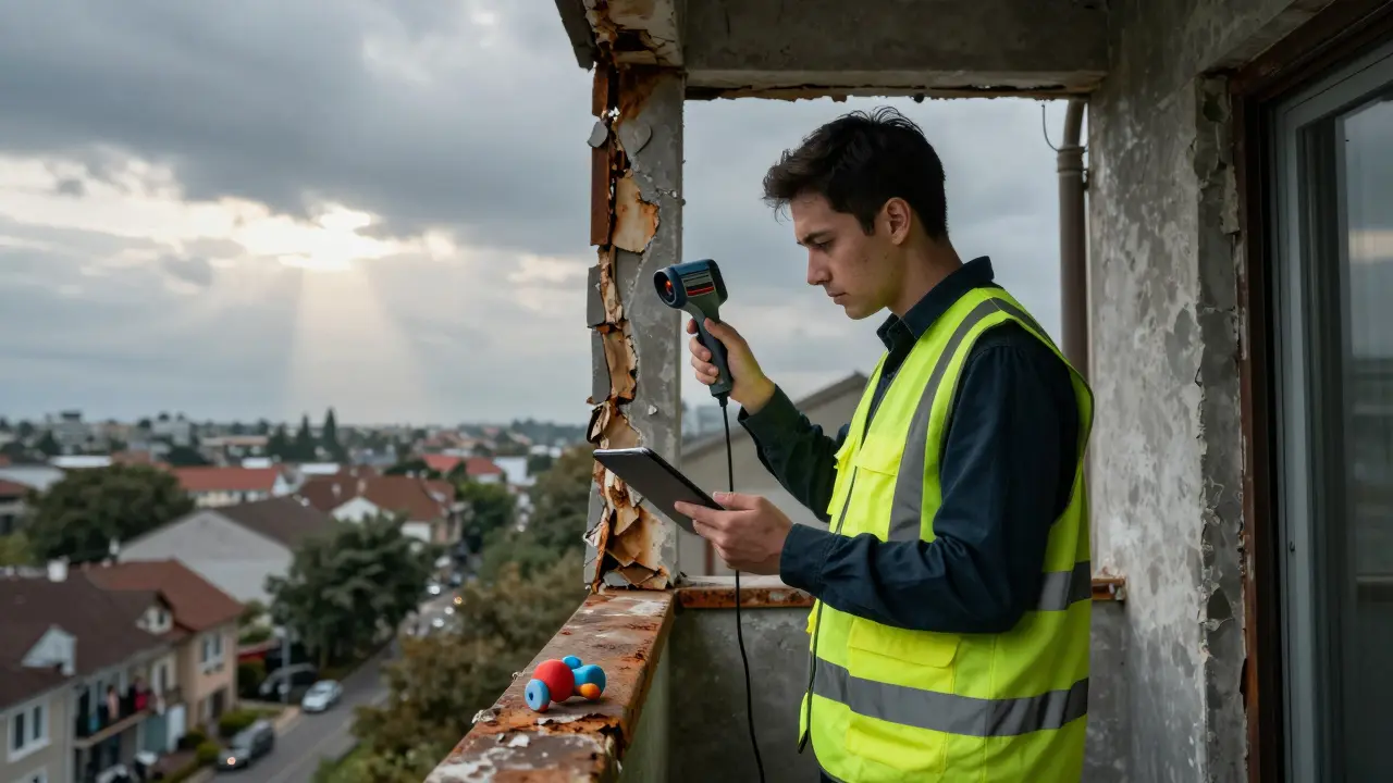 Certifikovaný inspektor dokumentuje poškození balkónu s tepelnou kamerou.