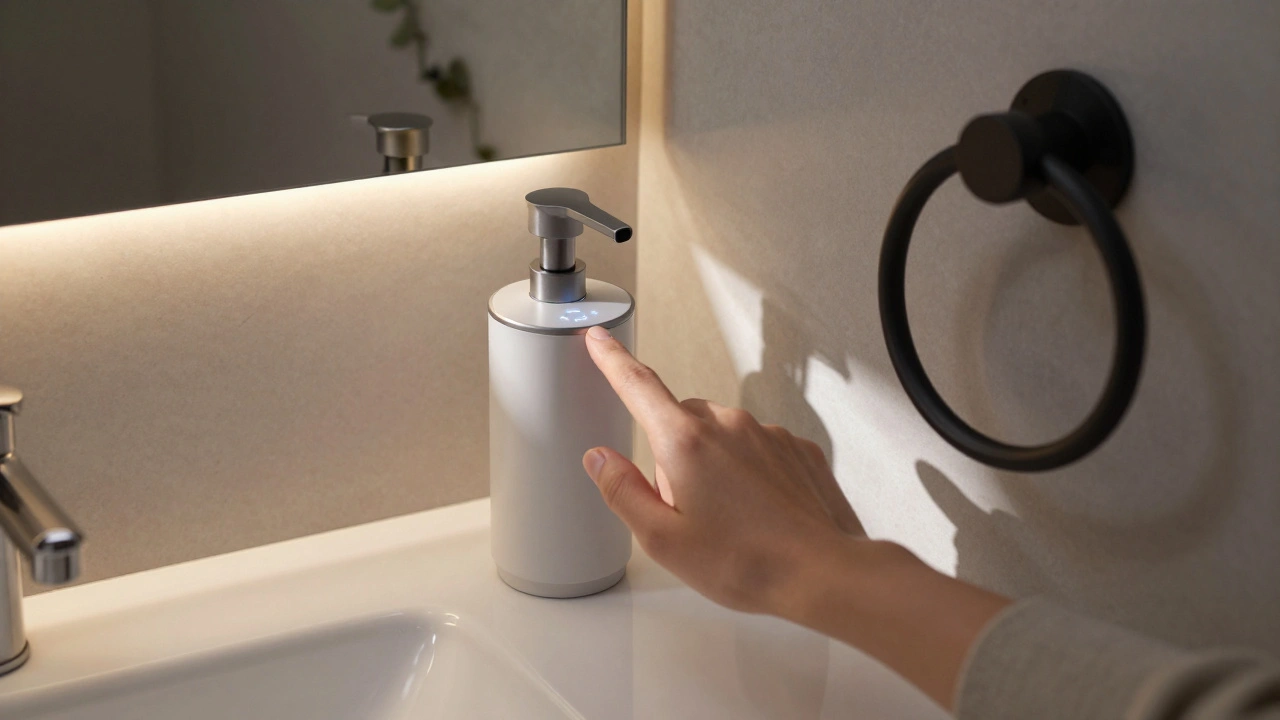 Chytré doplňky ve koupelně: dotykový dávkovač a LED osvětlení s recyklovanými materiály.