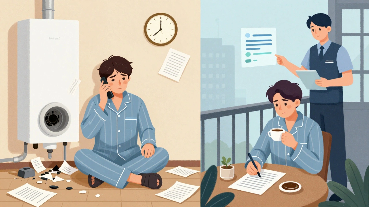 Dvě strany jednoho majitele: jeden stresovaný u rozbitého kotle, druhý klidný s profesionální správou.