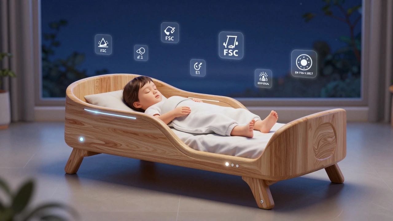 Inteligentní dětská postel s senzory a přizpůsobitelnými nohami, vyrobená z ekologického buku, v nočním prostředí.