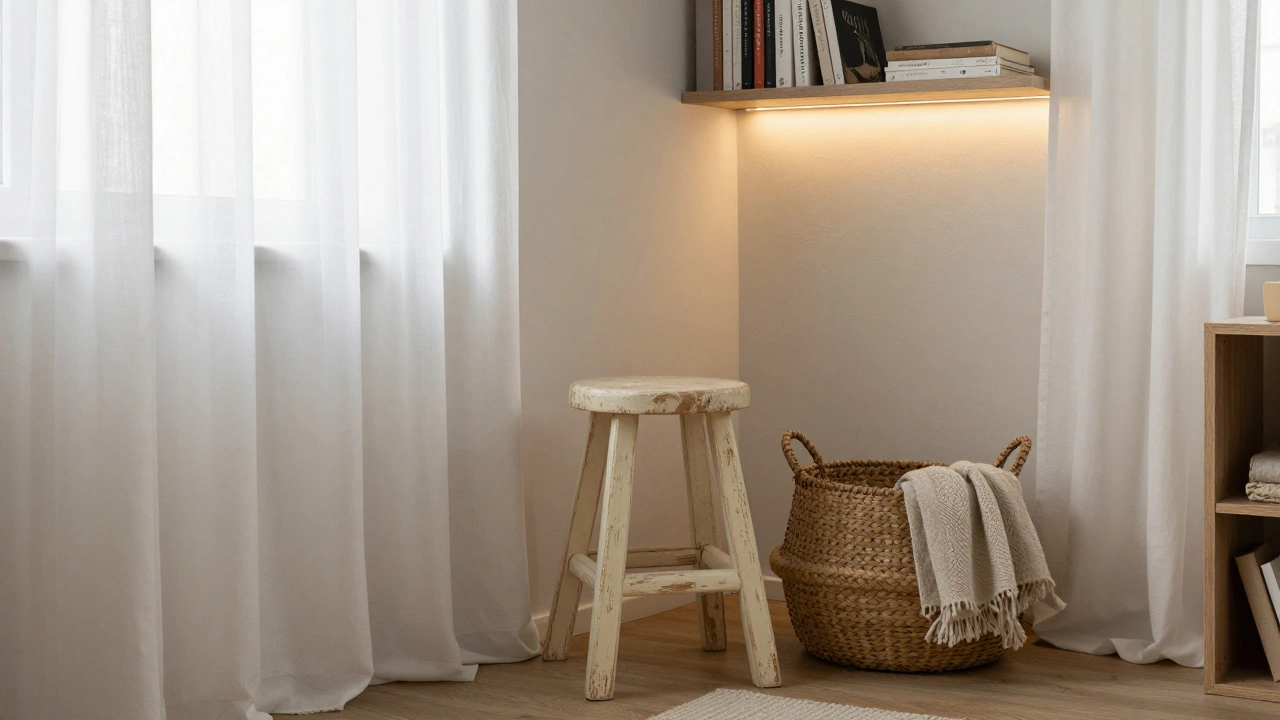 Koutek nájemního bytu s bílými závěsy, dřevěným taburetem a ratanovým košem, osvětlený LED páskem.