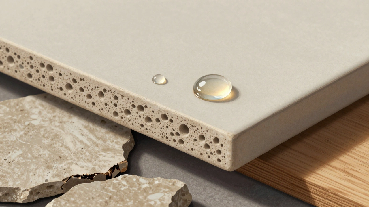 Křížový řez keramické dlaždice ukazující její nepronikavou strukturu v porovnání s jinými podlahami.