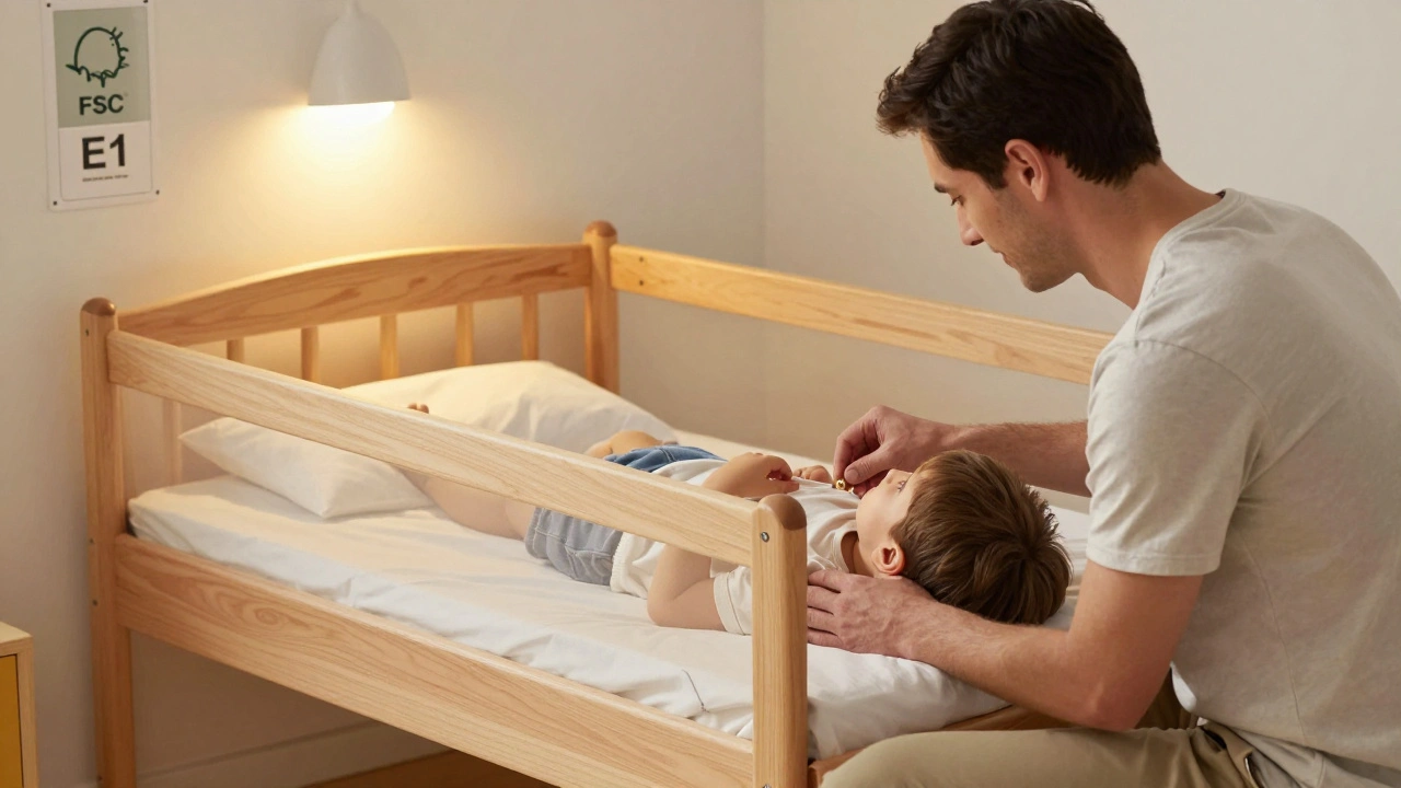 Otec drží dítě v noci u pevné dřevěné postele z masivního buku s certifikáty bezpečnosti a ekologie.