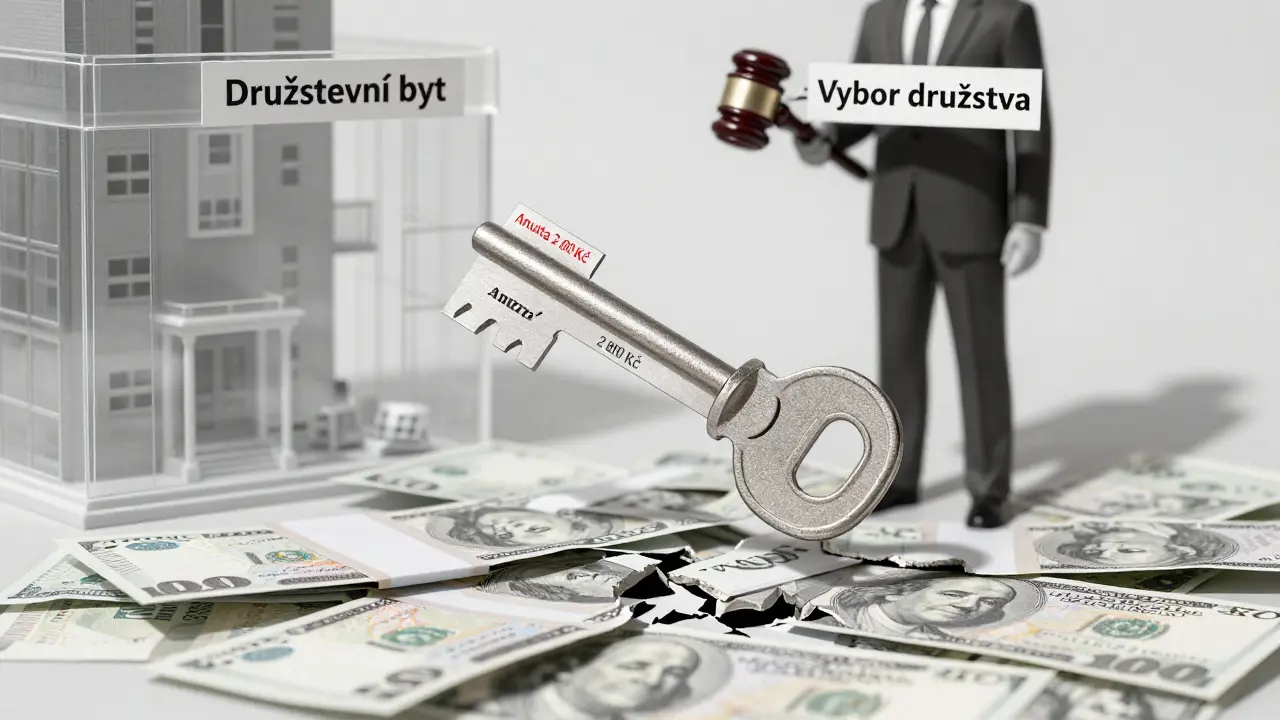 Papírový klíč nad penězi a zlomený hypoteční klíč symbolizuje nevlastnictví bytu.