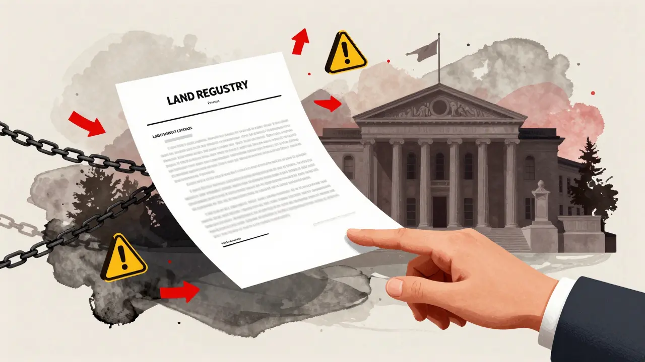 Právní dokument s neviditelnými dluhovými řetězy táhnoucími se k ruce kupujícího.