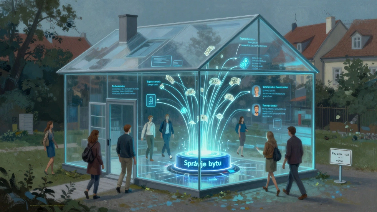 Průhledný dům s digitálními vlákny spojenými s AI centrem, symbolizující profesionální správu nemovitosti.