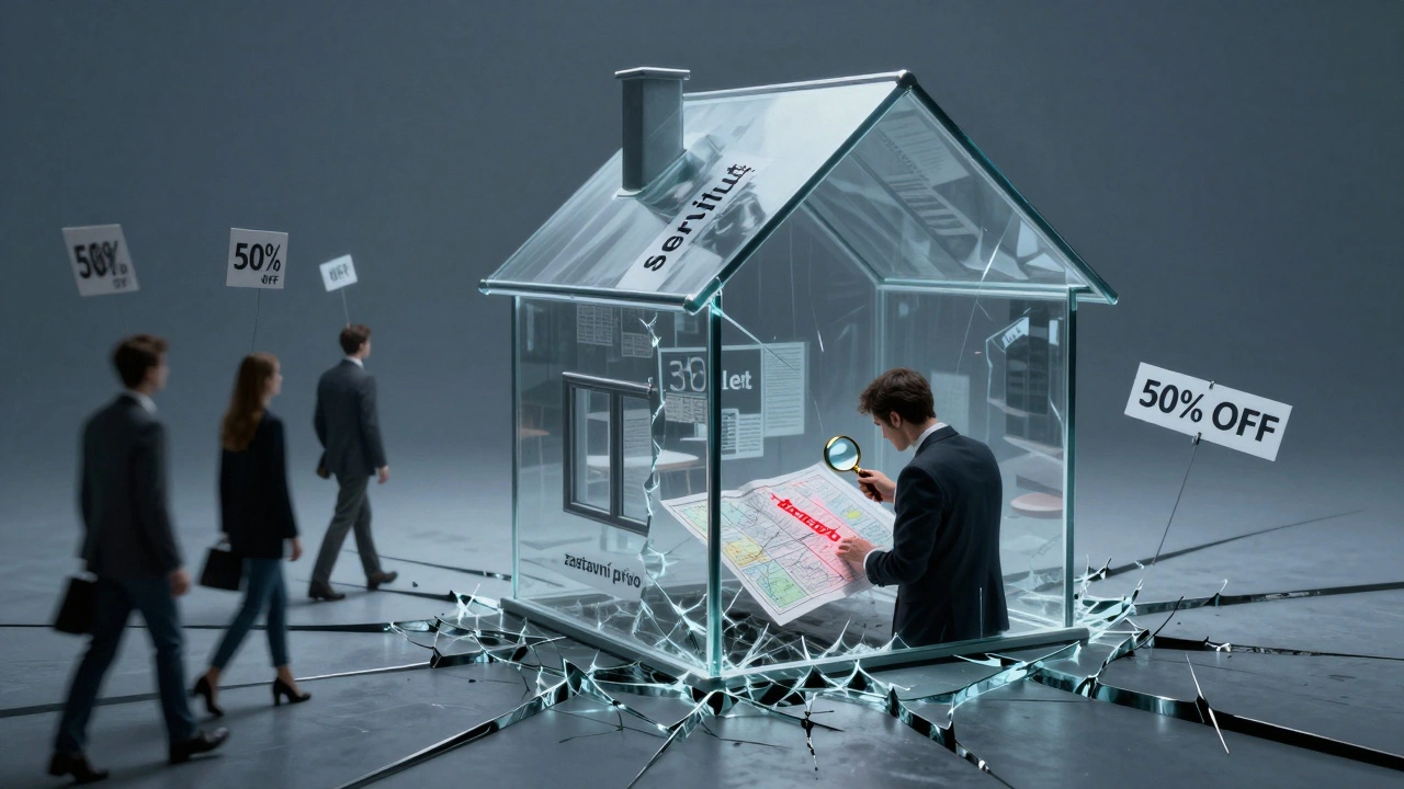 Průhledný dům s trhlinami plnými právních výrazů, kupující odcházejí, značky s cenou 50 % slevy.