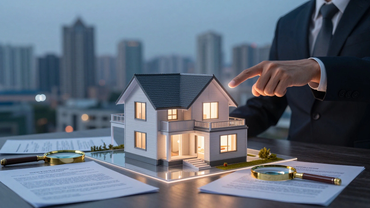 Realitní makléř ukazuje na průhledný model domu se sníženou hodnotou kvůli právním vadám.