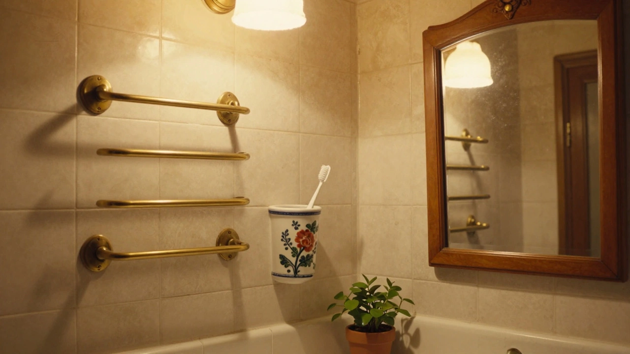 Retro koupelna s křivými mosaznými držáky a keramickými kelímky v teplých tónách.