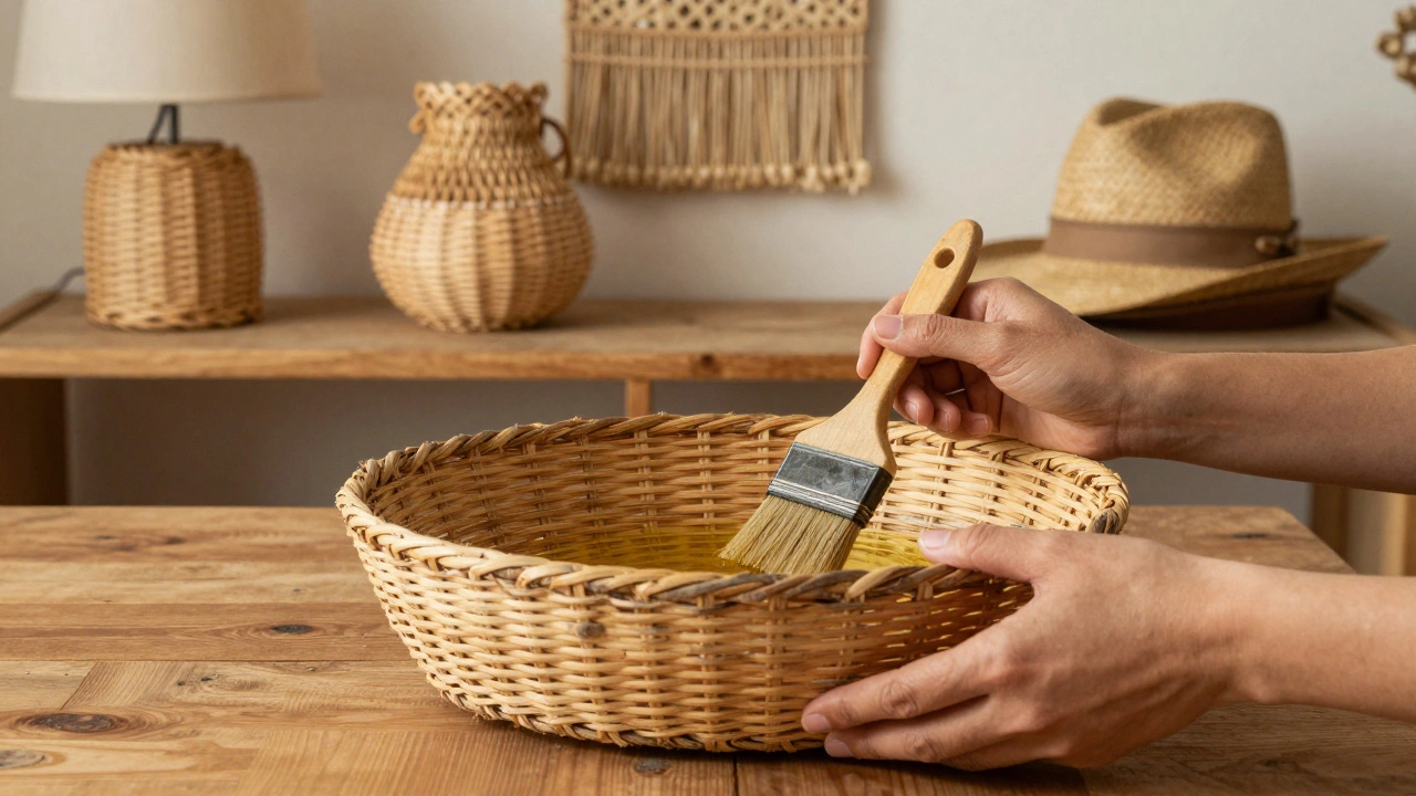 Ruce aplikují přírodní olej na proutěný koš, symbolizující péči a trvanlivost.