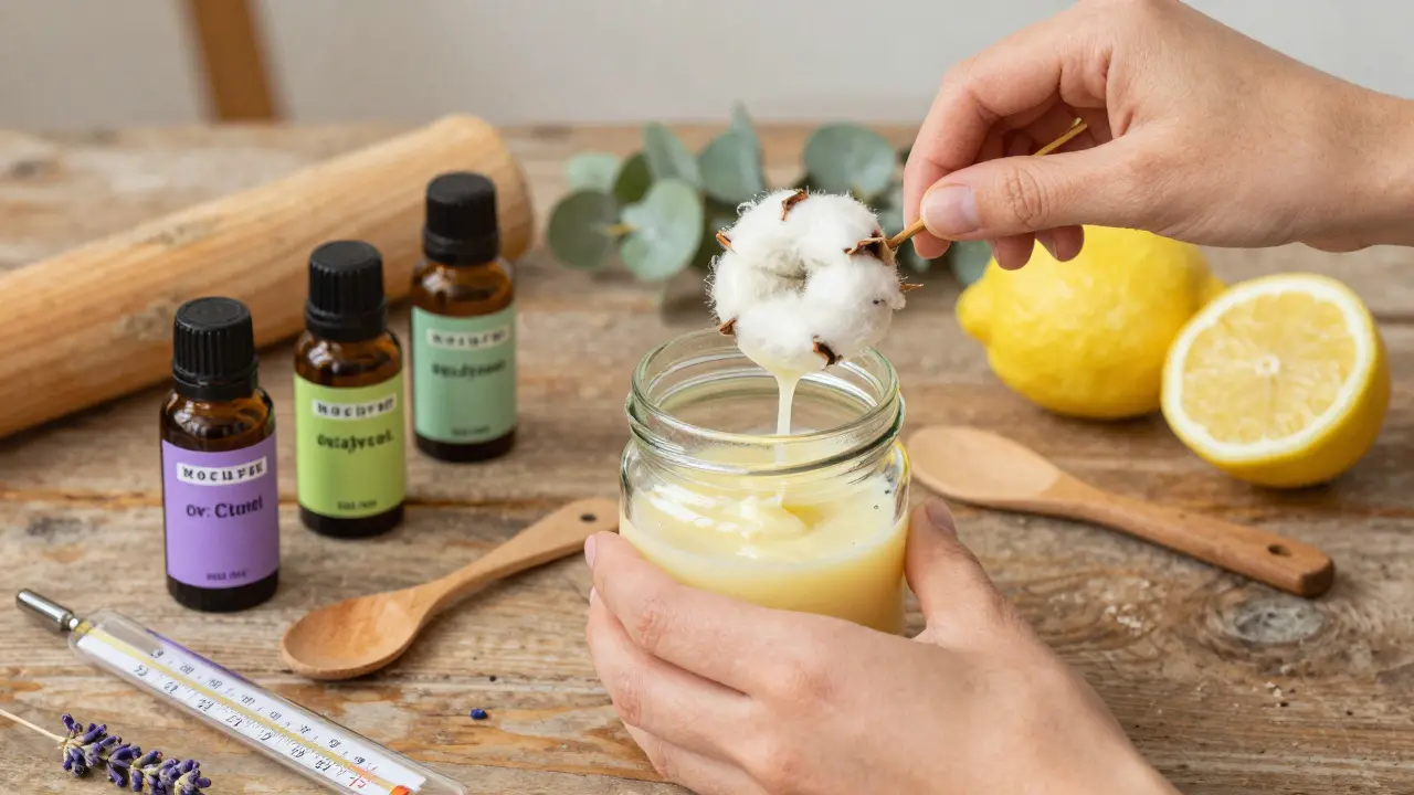 Ručně vyráběná svíčka s voskem a esenciálními oleji na dřevěném stole.