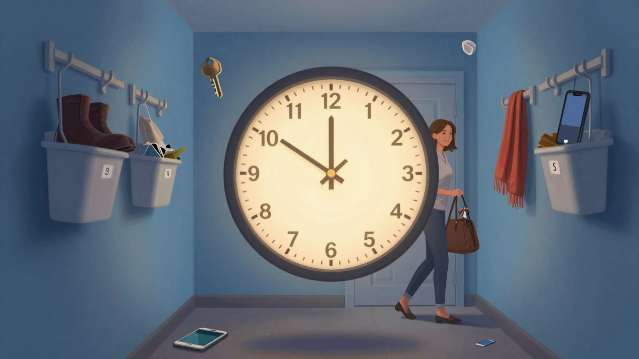 Symbolický obraz hodin ve frontě předsíně, kolem nichž jsou věci uspořádané do košů a háčků.
