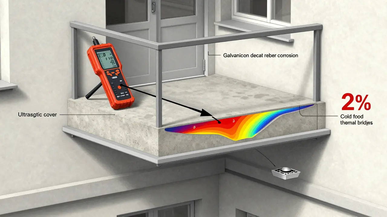 Technický řez balkónem s přístroji pro kontrolu tloušťky betonu a koroze výztuže.