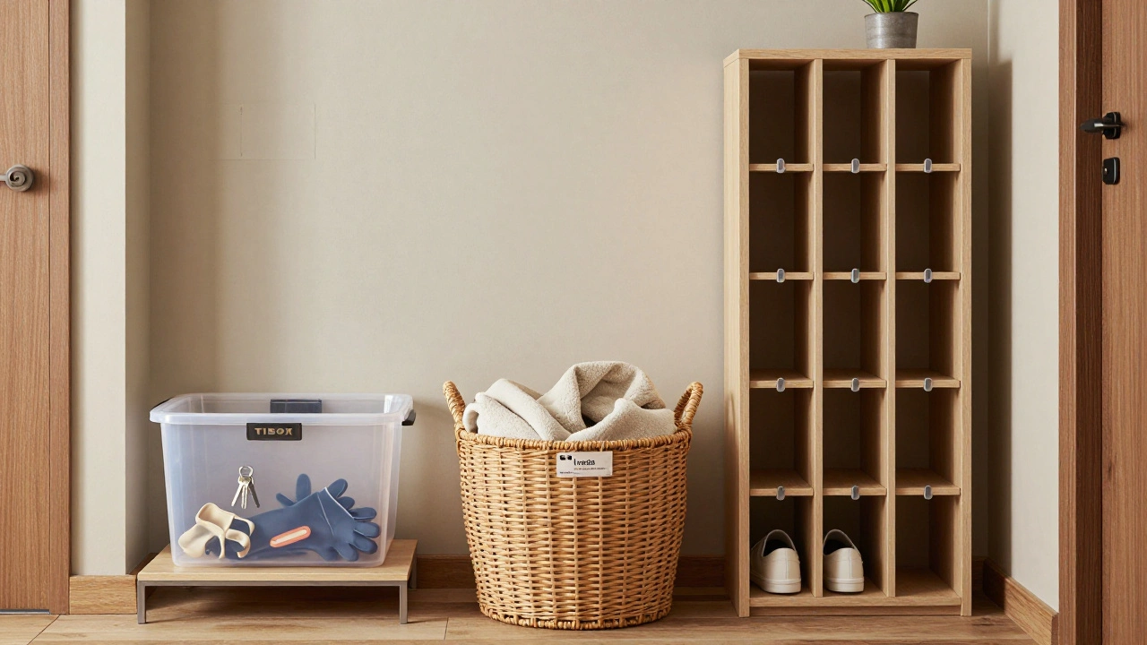 Tři organizační systémy v předsíni: plastový box, ratanový koš a integrovaná police s botami a háčky.