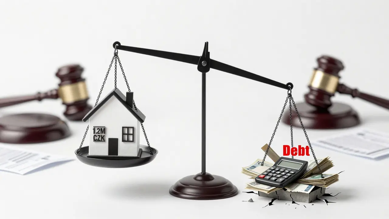 Váha s domem a skrytými dluhy, která se váží na stranu dluhů.