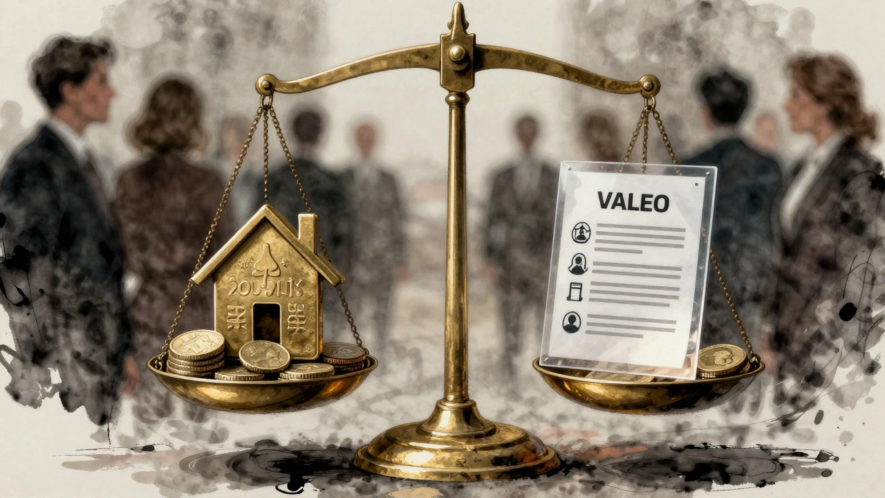 Váha s penězi a domem na jedné straně a právními břemeny na druhé.