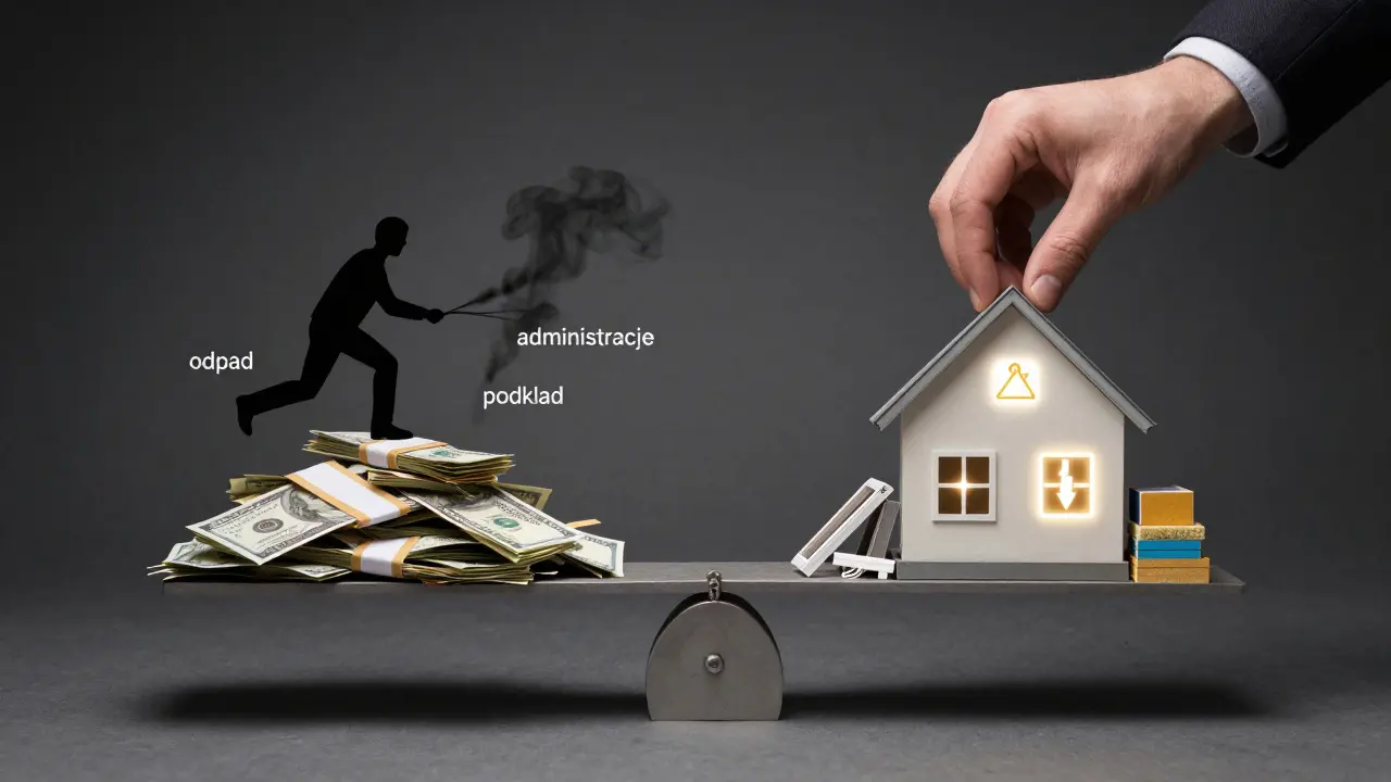 Váha s penězi na jedné straně a bezpečným domem na druhé, symbolizující úspory přes pečlivé porovnání.