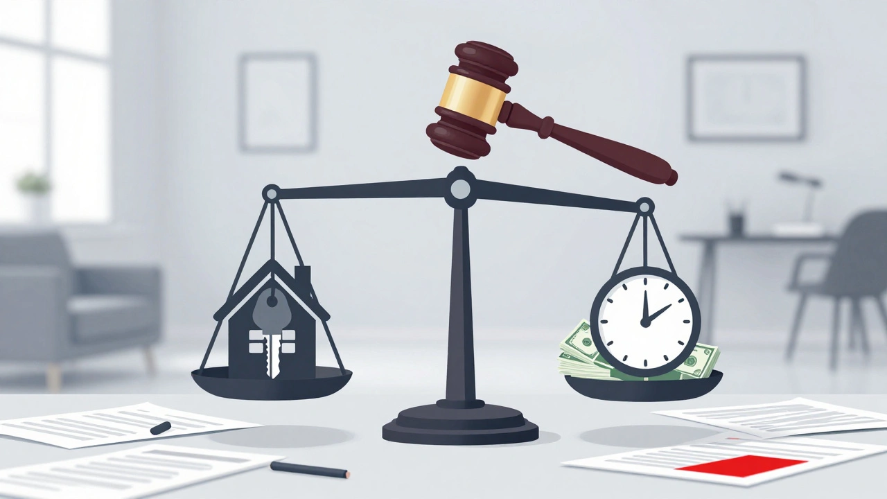 Váhy s klíči a penězi, symbolizující rovnováhu v předávání nemovitosti.