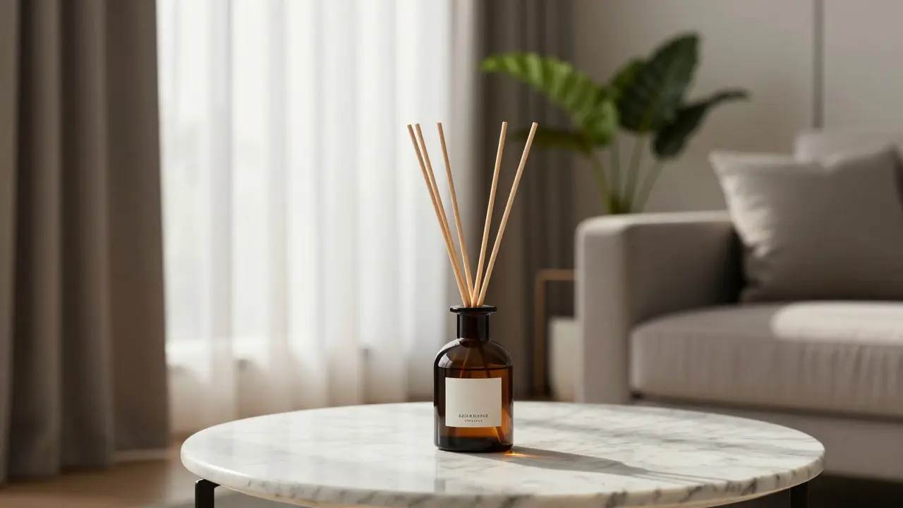 Vonný difuzér s dřevěnými tyčinkami na stole v obývacím pokoji.