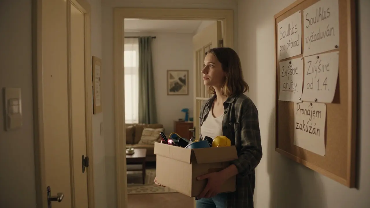 Žena v paneláku dívá na vývěsku o omezeních družstevního bytu s krabičkou v ruce.