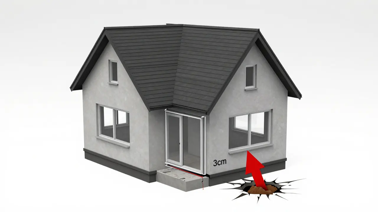 3D BIM model domu s vizualizací chyb jako posunuté okno a radonový plyn z podzemí.