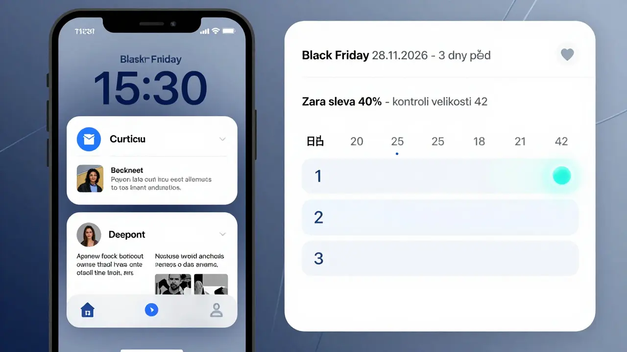 Čistý kalendář s připomenutími slev vedle přeplněného inboxu s e-mailem o slevách.
