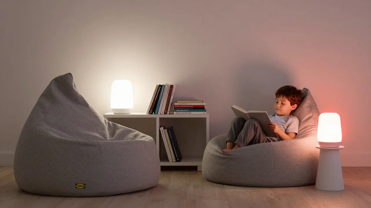 Čtecí koutek s antibakteriálním polstrováním a chytrou lampou, která mění světlo, dítě se převaluje v pytli, slabé červené světlo večera.