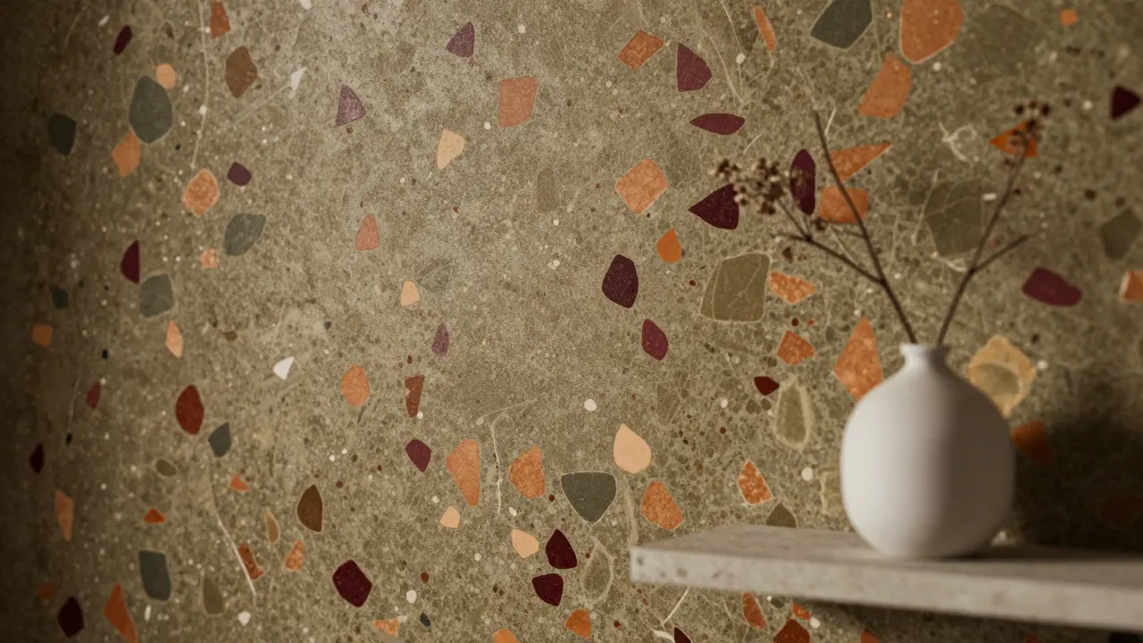 Detail textury terazzo na stěně v olivové, zlaté a bordové barvě s moderní vázou na pozadí.