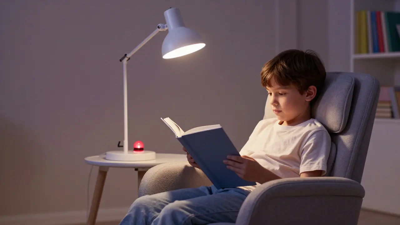 Dítě čte v polstrované židličce s opěradlem pod nástěnnou lampou, na pozadí knihovna a jemně osvětlený koberec.