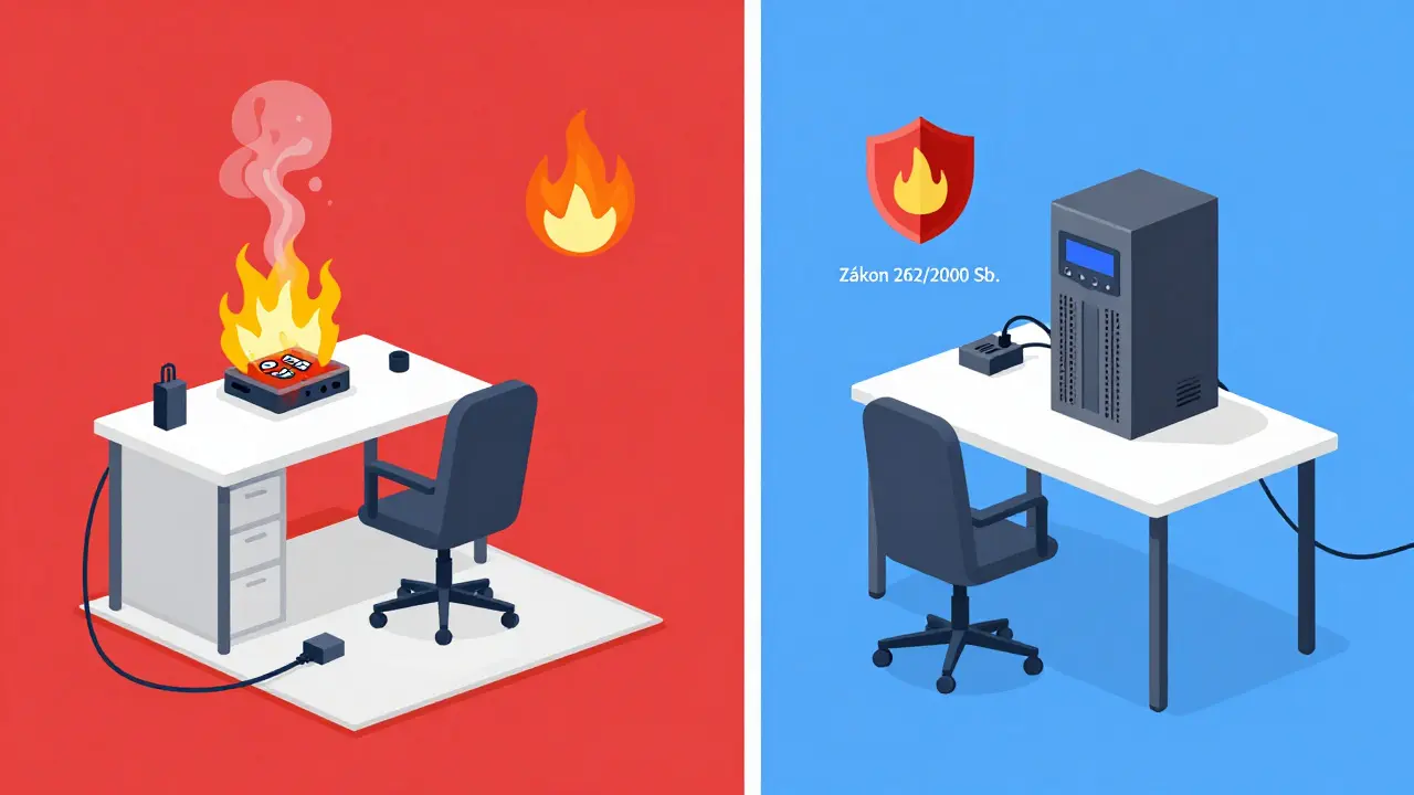 Dvě strany domácí kanceláře: jedna hoří z důvodu nebezpečného připojení, druhá je bezpečná s přepěťovkou a UPS.