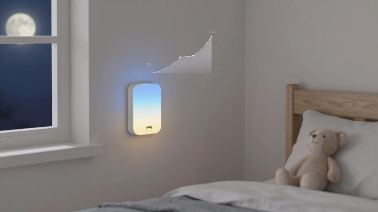 IKEA VINDSTYRKA sensor on a bedroom wall with soft LED indicators and moonlight through curtains.