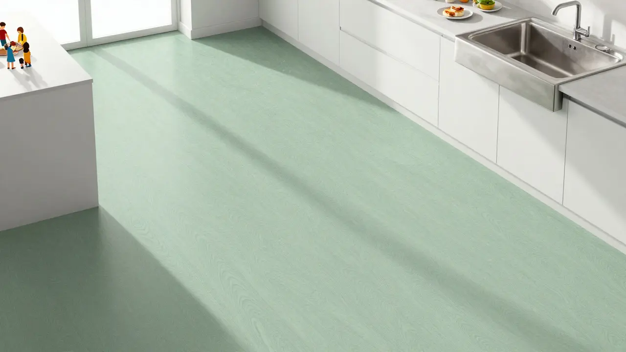 Linoleum v kuchyni s přírodní zelenou barvou, rodina připravuje jídlo, hygienické a čisté prostředí.